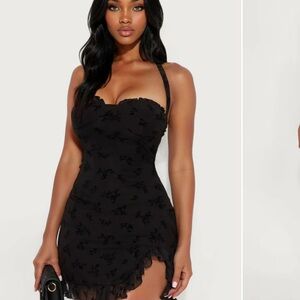 Fashionnova tall julia flocked mini dress Elegant Black Halter Dress